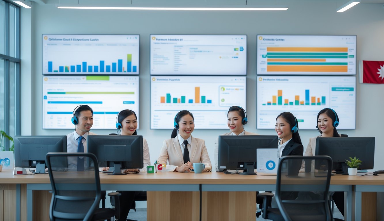 Tim layanan pelanggan yang ramah sedang bekerja di pusat layanan dengan komputer dan layar digital di kantor modern.