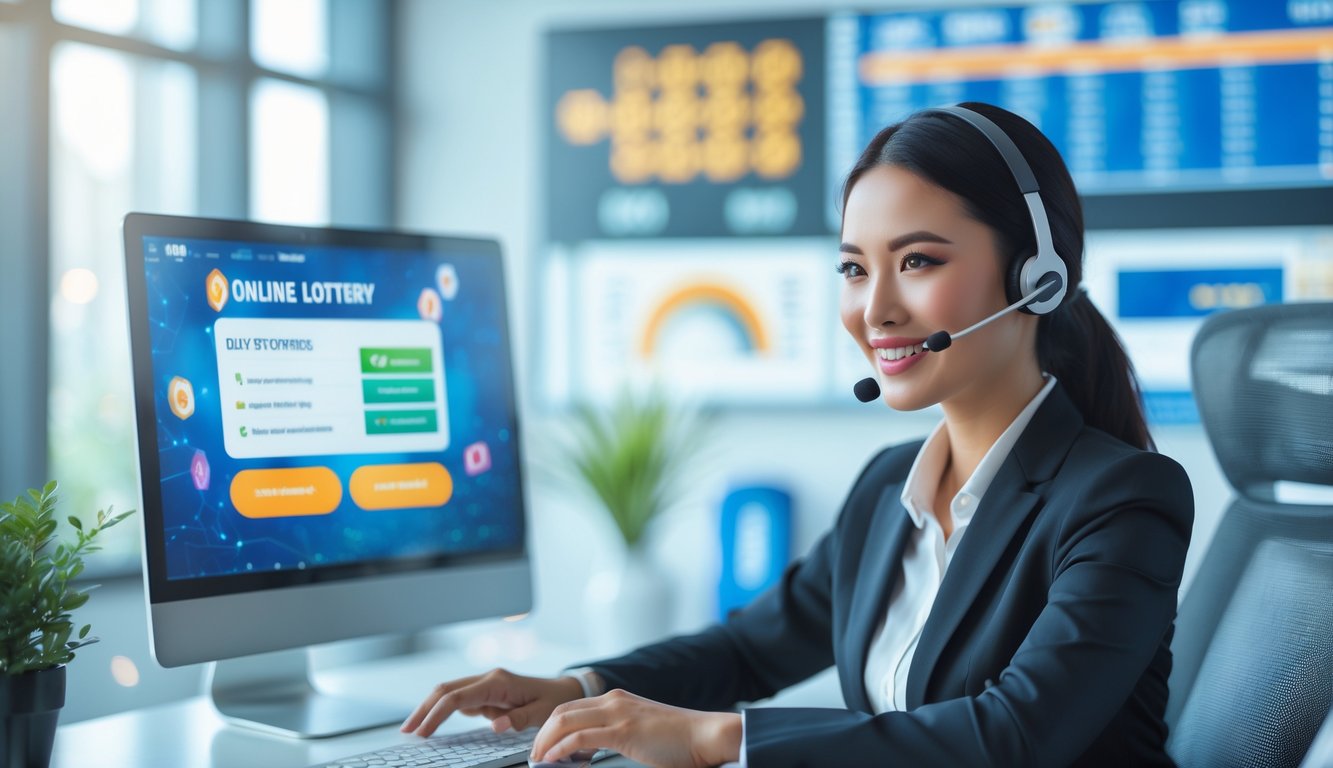 Seorang petugas layanan pelanggan sedang bekerja di kantor modern dengan komputer, menunjukkan layanan togel online terpercaya di Indonesia.