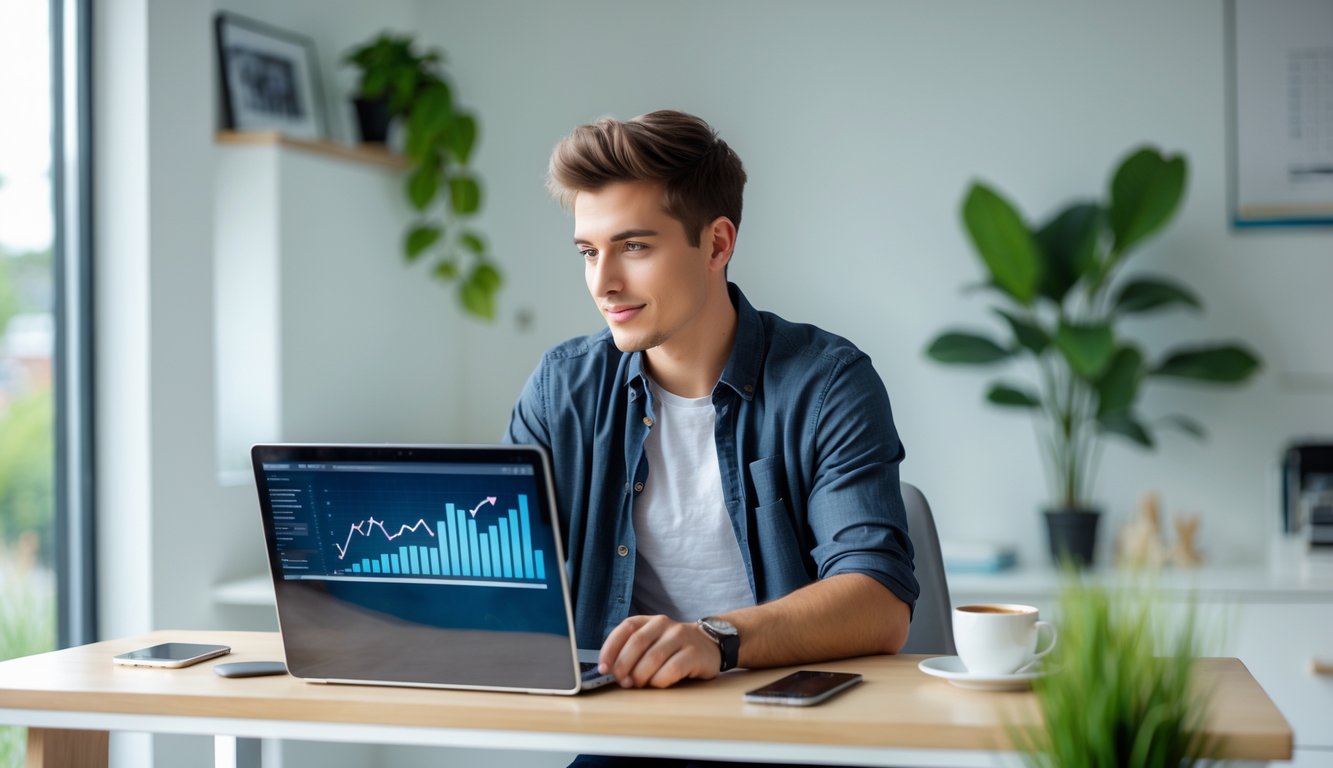 Seorang pria muda duduk di meja kerja di rumah menggunakan laptop dengan ekspresi fokus.