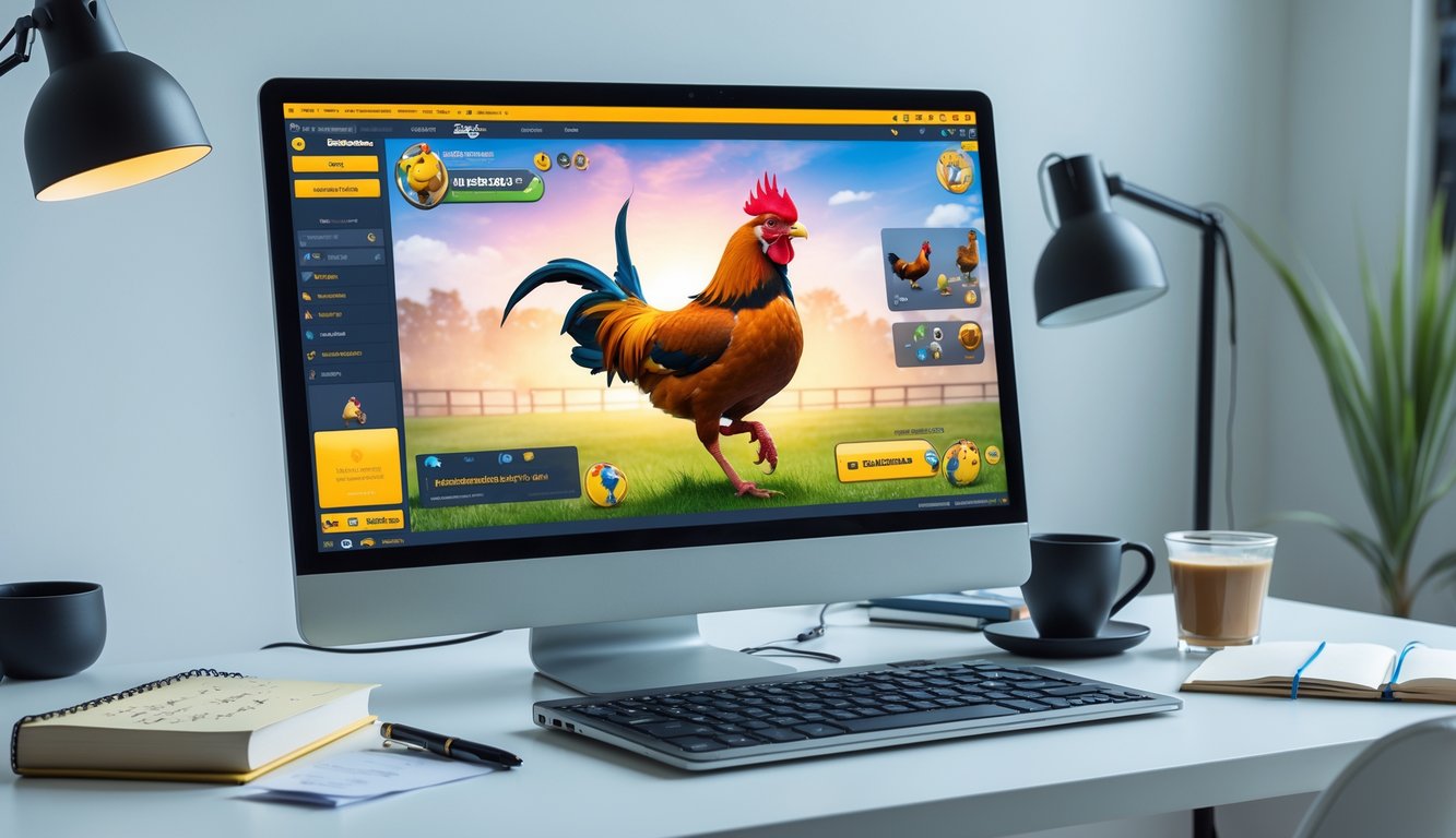 Sebuah ruang kerja dengan komputer menampilkan permainan sabung ayam online, dikelilingi oleh buku catatan dan alat tulis.