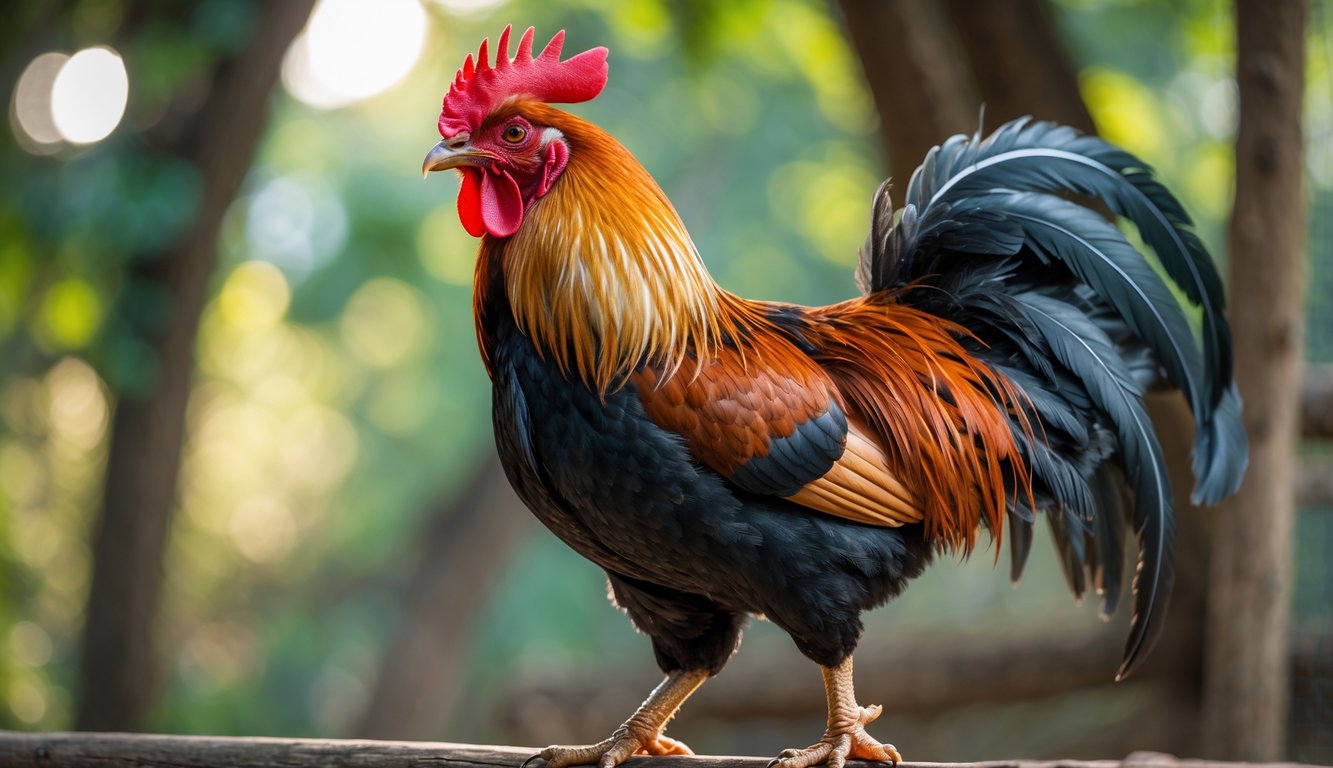 Seekor ayam aduan berkualitas tinggi berdiri di atas tiang kayu dengan latar belakang daun hijau.