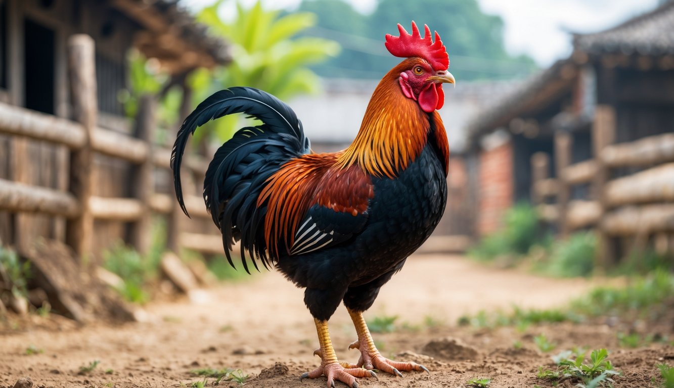 Seekor ayam aduan berkualitas tinggi berdiri di tanah dengan latar belakang desa dan tanaman hijau.