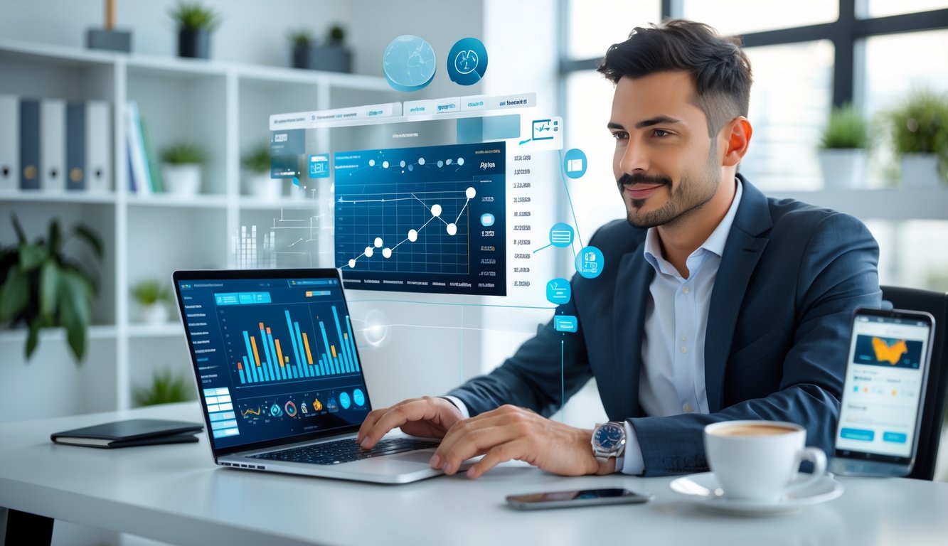 Seorang pria duduk di meja dengan laptop, menganalisis data dan grafik di kantor yang terang dan rapi.