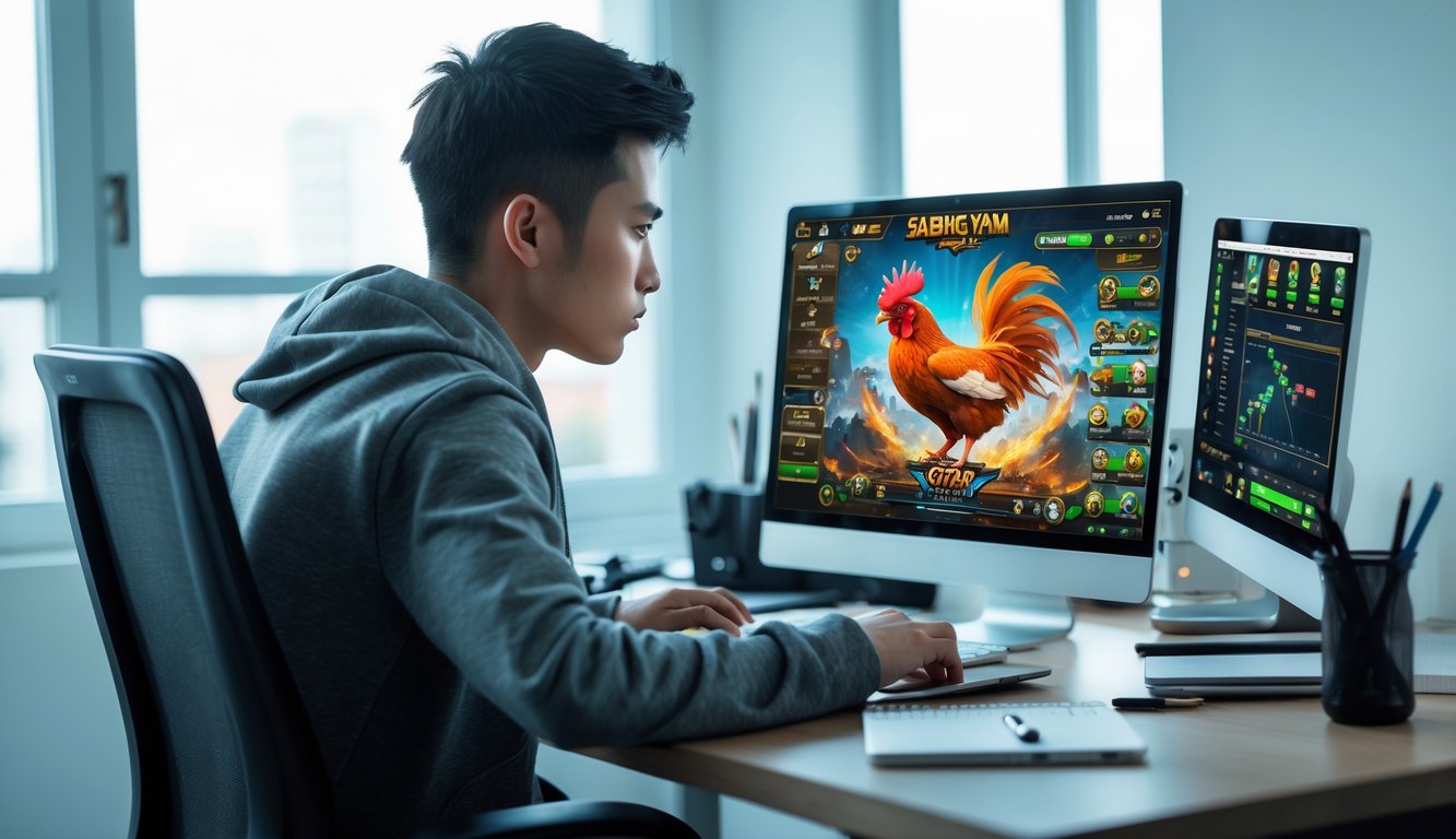 Seorang pria muda fokus bermain permainan sabung ayam online di laptop di ruang kerja yang terang dan rapi.