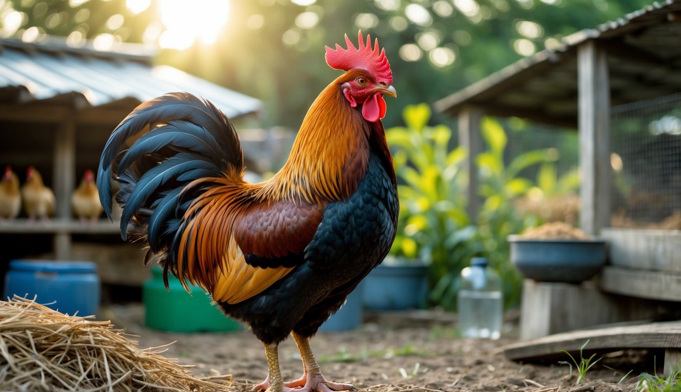 Seekor ayam Bangkok yang sehat dan gagah berdiri di kandang ayam tradisional dengan latar belakang tanaman hijau.