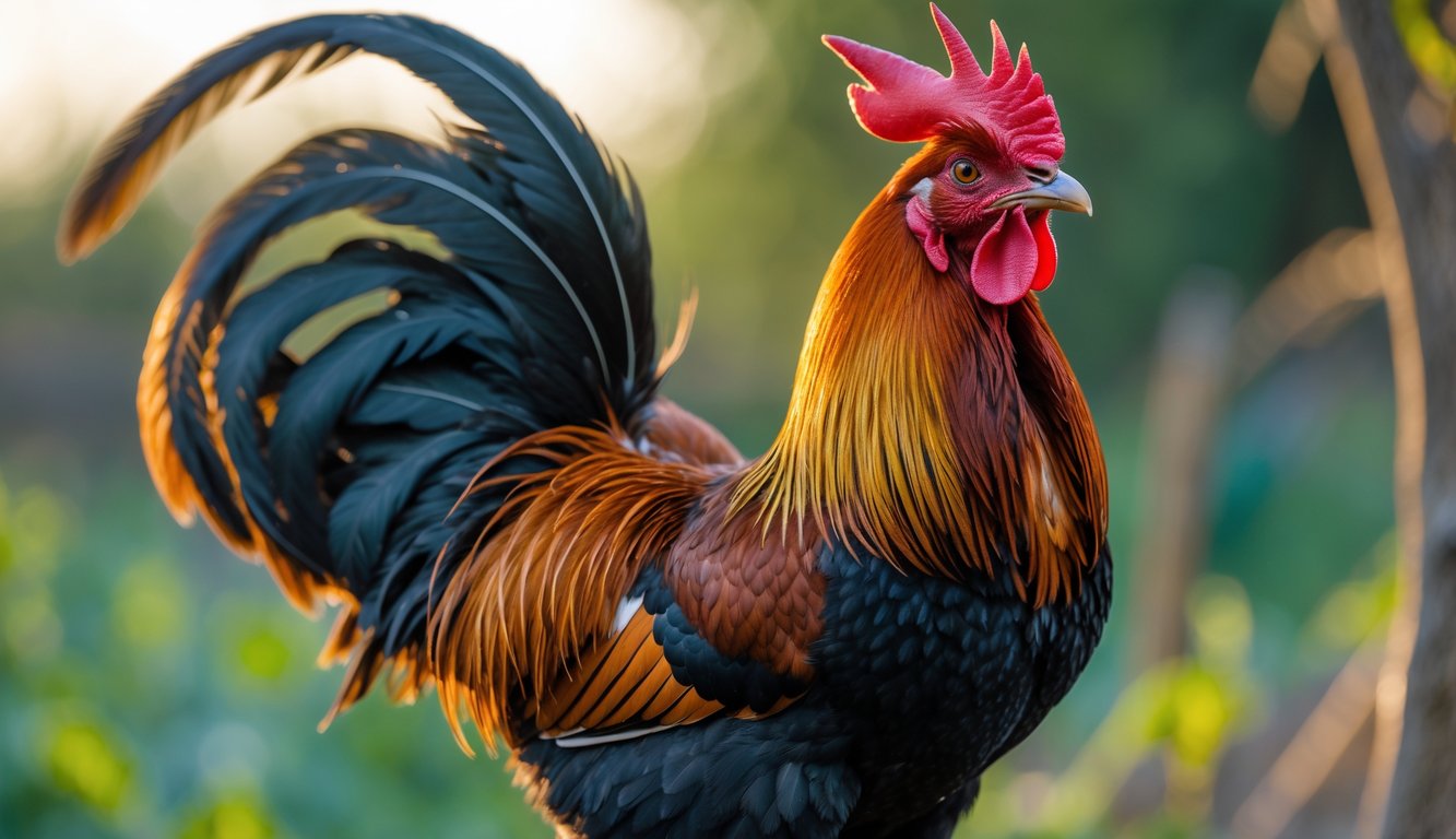 Seekor ayam Bangkok yang gagah berdiri di luar ruangan dengan latar belakang tanaman hijau.