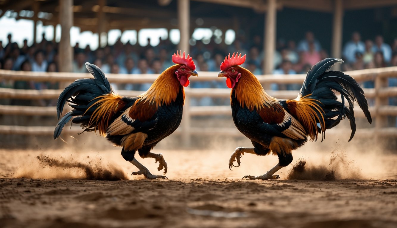 Dua ayam aduan sedang bertarung di arena tradisional dengan penonton di latar belakang.