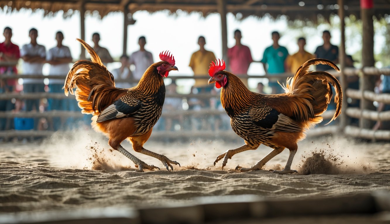 Dua ayam aduan sedang bertarung di arena dengan penonton di latar belakang.