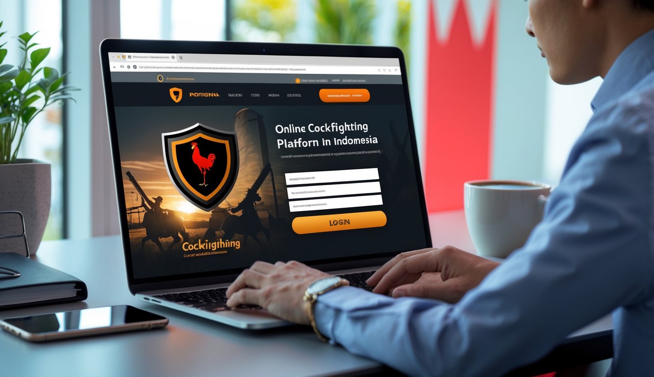 Seseorang menggunakan laptop di meja kerja dengan tampilan situs sabung ayam online yang aman dan terpercaya di Indonesia.