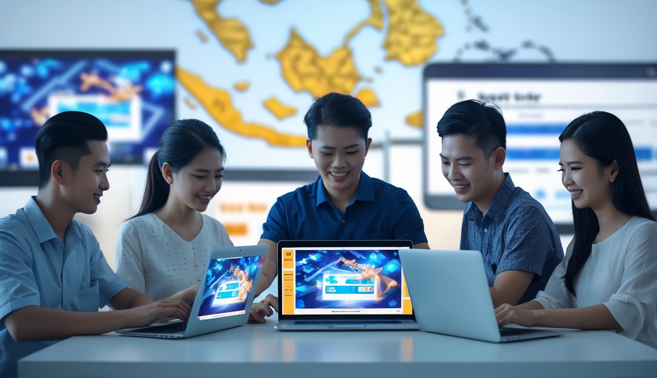 Sekelompok orang Indonesia menggunakan laptop dan ponsel di lingkungan digital yang aman dan terpercaya.