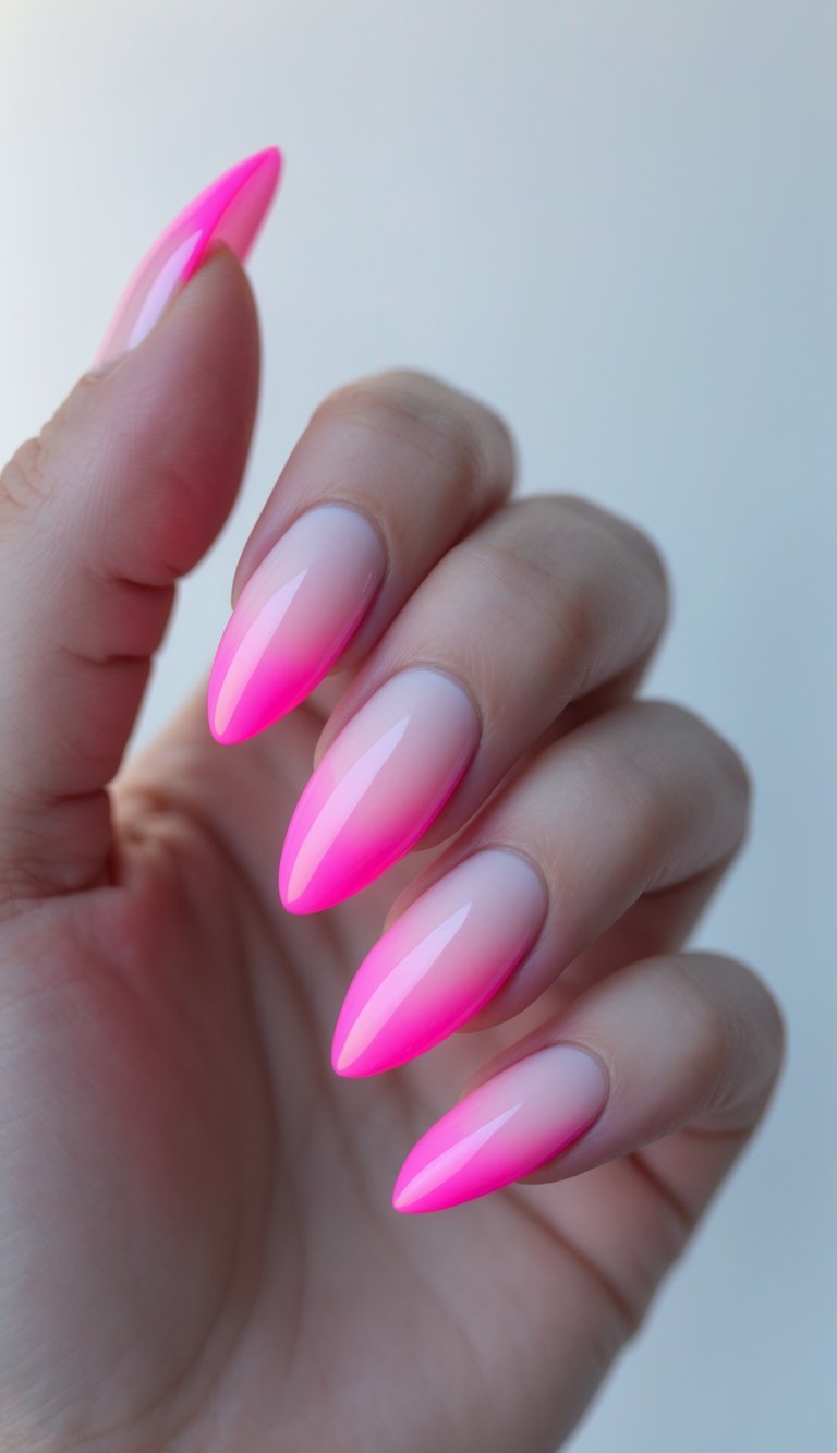 Close-up of one hand with almond-shaped nails featuring a neon pink ombré fade on a white background.