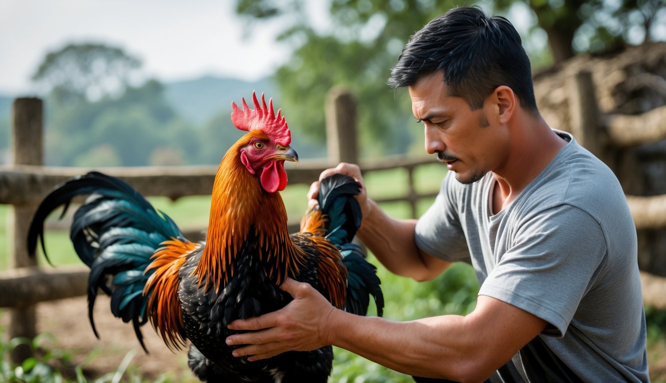 Seorang pria sedang melatih seekor ayam aduan di luar ruangan dengan latar belakang pagar kayu dan tanaman hijau.