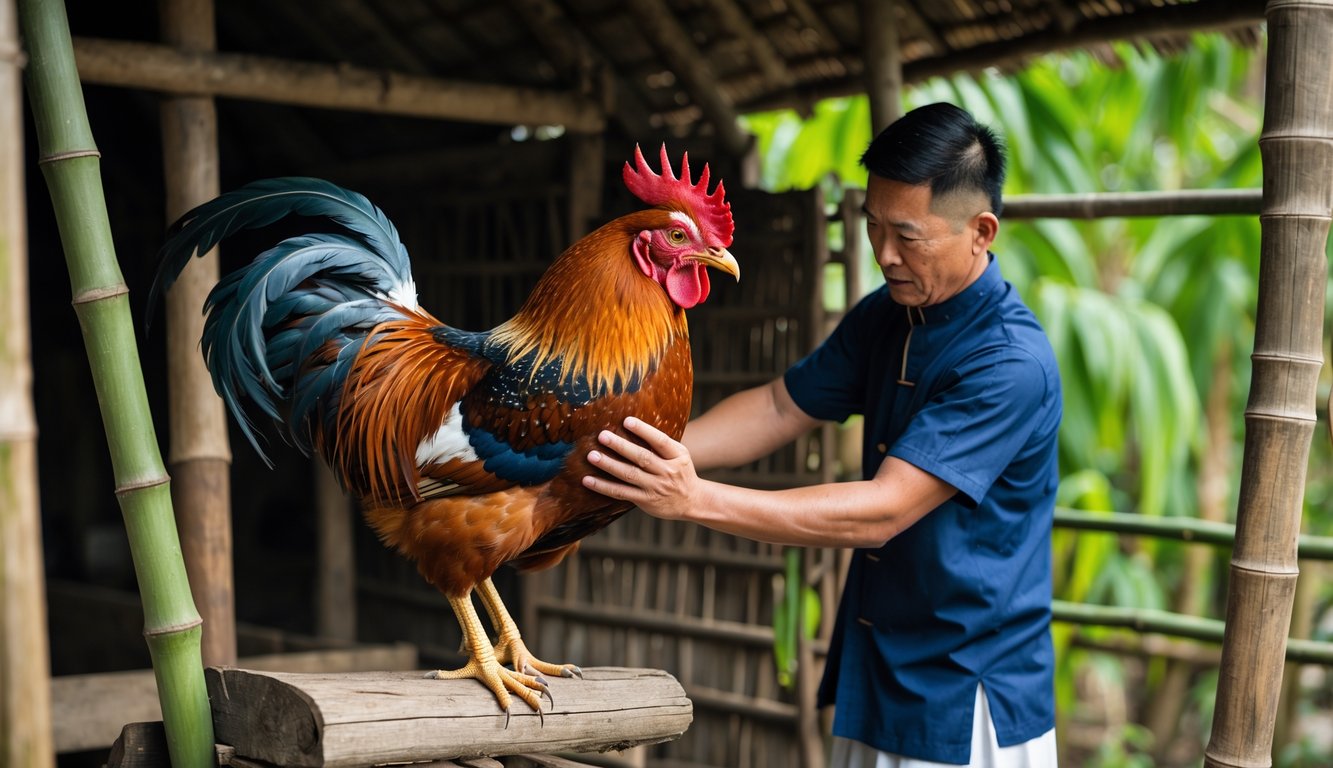Seorang pelatih sedang merawat dan melatih ayam aduan yang kuat di dalam kandang tradisional.