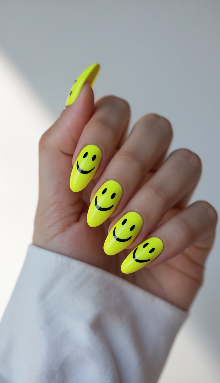 Close-up of one hand with neon French tip nails decorated with smiley faces on a white background.