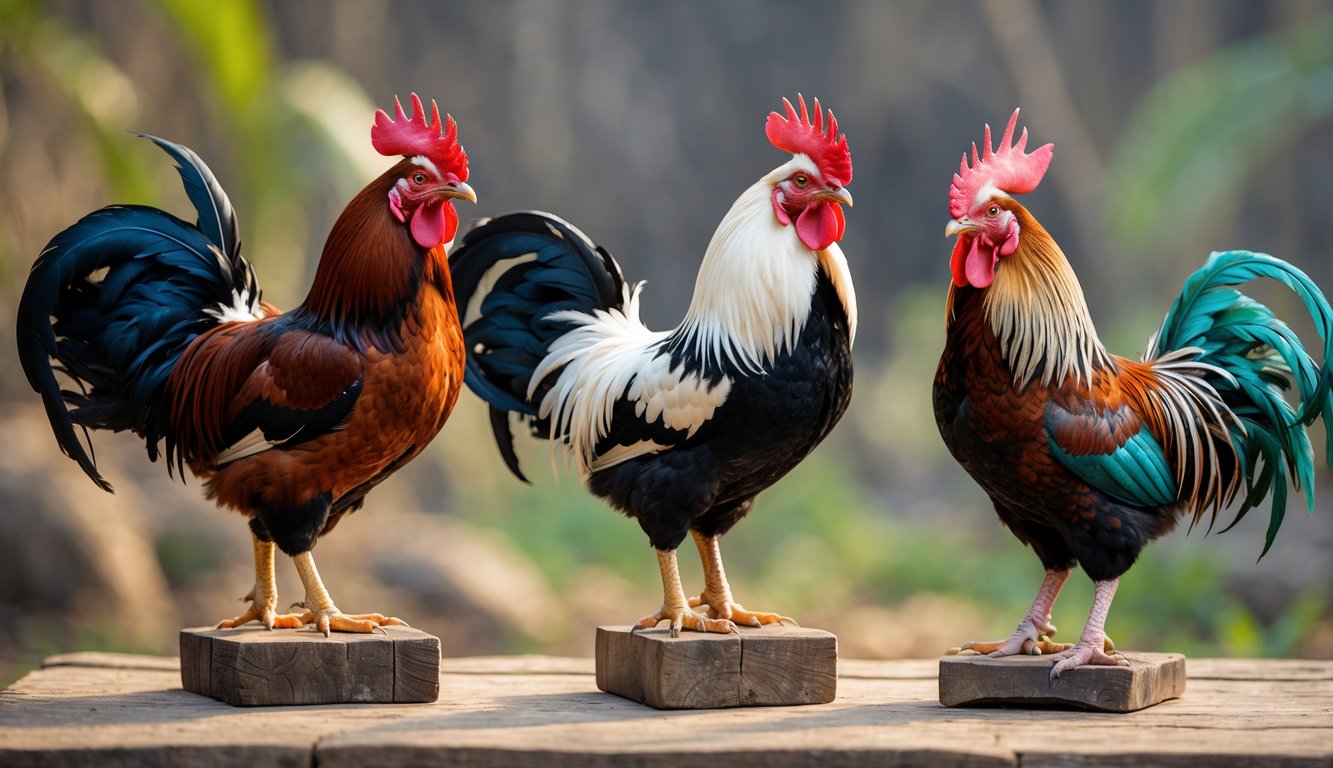 Tiga ayam jago berbeda jenis Ayam Bangkok, Saigon, dan Birma berdiri di atas tiang kayu di luar ruangan.