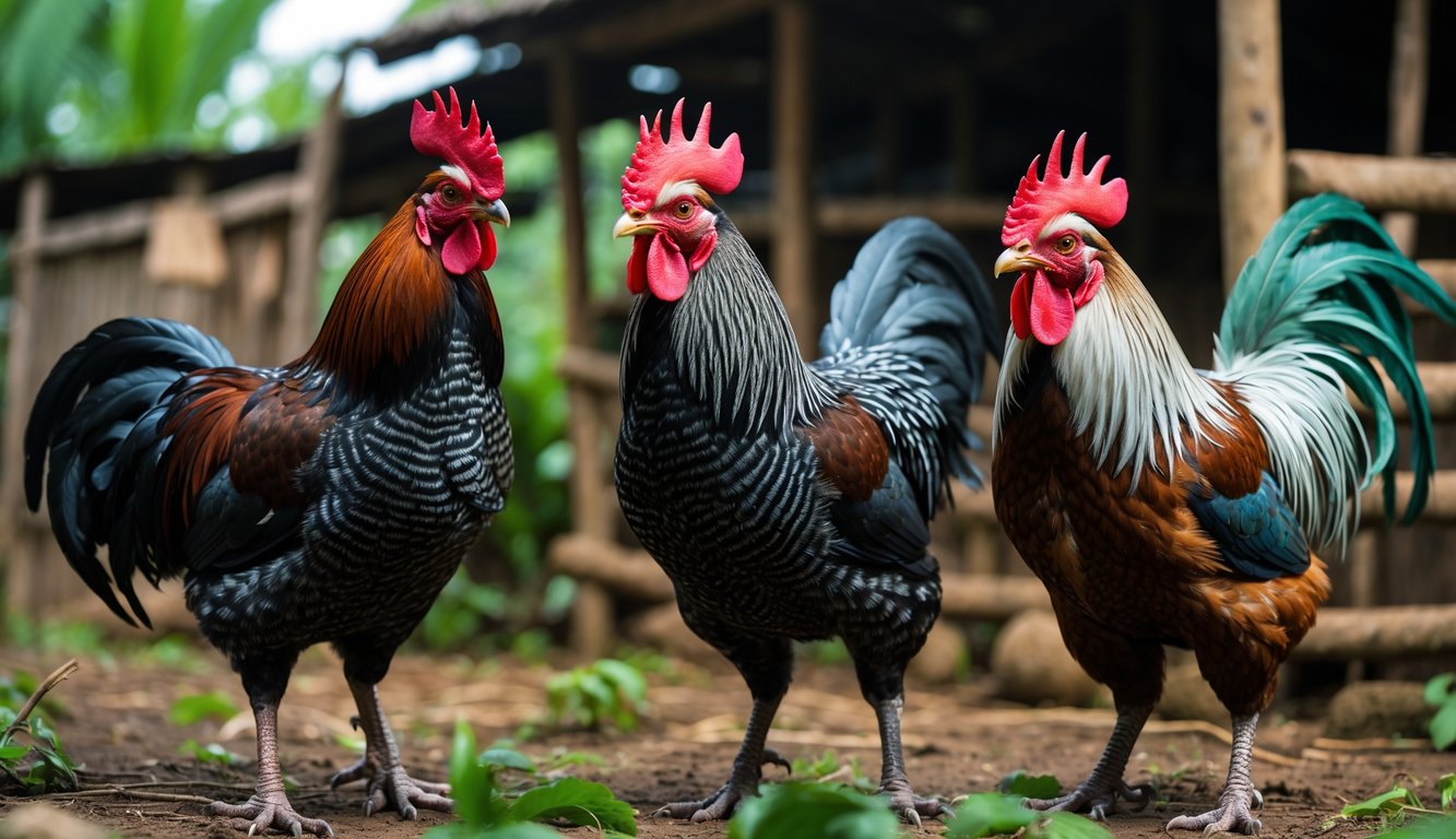 Tiga ayam aduan berbeda berdiri berdampingan di lingkungan pedesaan tradisional dengan latar belakang pagar kayu dan tanaman hijau.