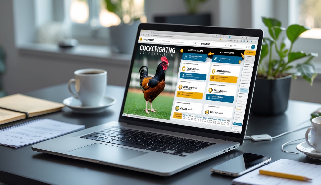 Seorang pemula sedang belajar jadwal dan tips bermain sabung ayam online di depan laptop di meja kerja yang rapi dan terang.