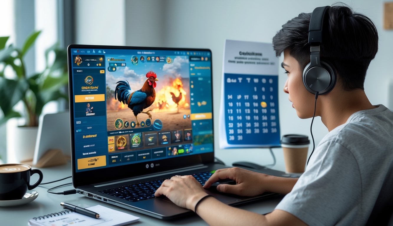 Seorang dewasa muda menggunakan laptop dengan tampilan permainan sabung ayam online, di meja terdapat catatan dan kalender sebagai jadwal, suasana ruangan terang dan rapi.