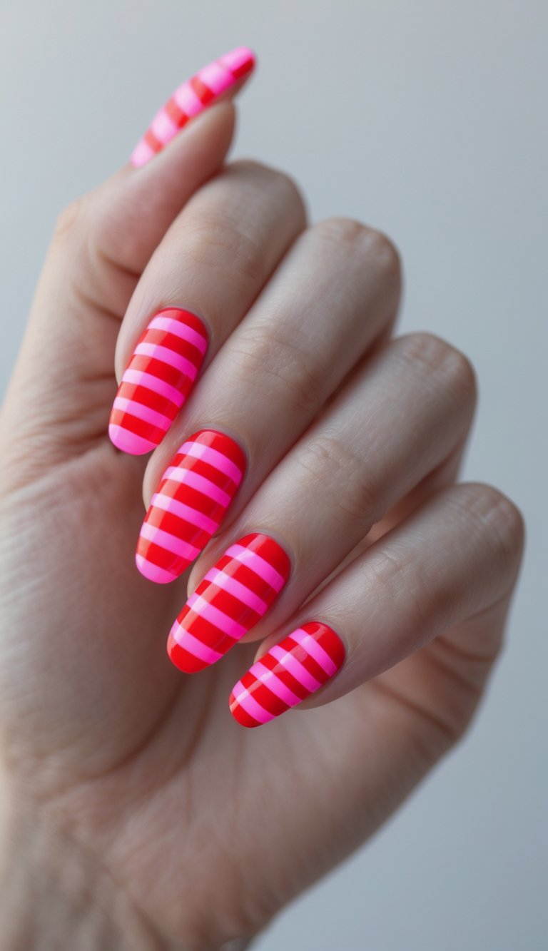 Close-up of one hand with neon red and pink striped nails against a white background.