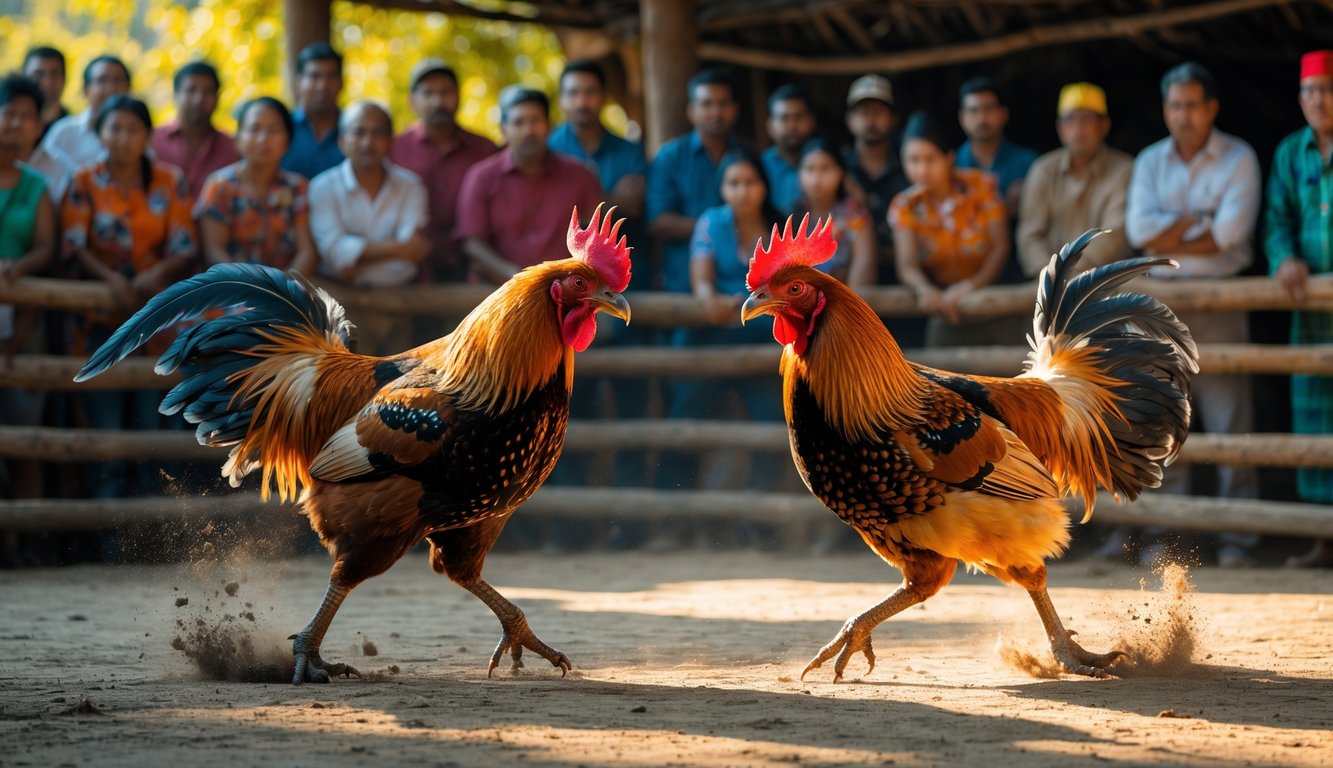 Dua ayam jago sedang bertarung di arena kayu dengan penonton yang memperhatikan di sekelilingnya.