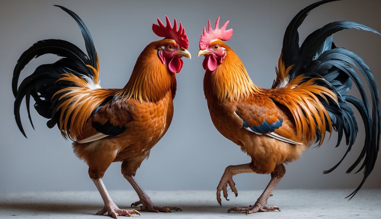 Dua ayam jantan sedang berhadapan dengan sikap bertarung di latar belakang netral.