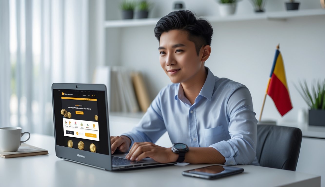 Seseorang duduk di meja dengan laptop terbuka, tampak fokus memilih situs judi online terpercaya di Indonesia.