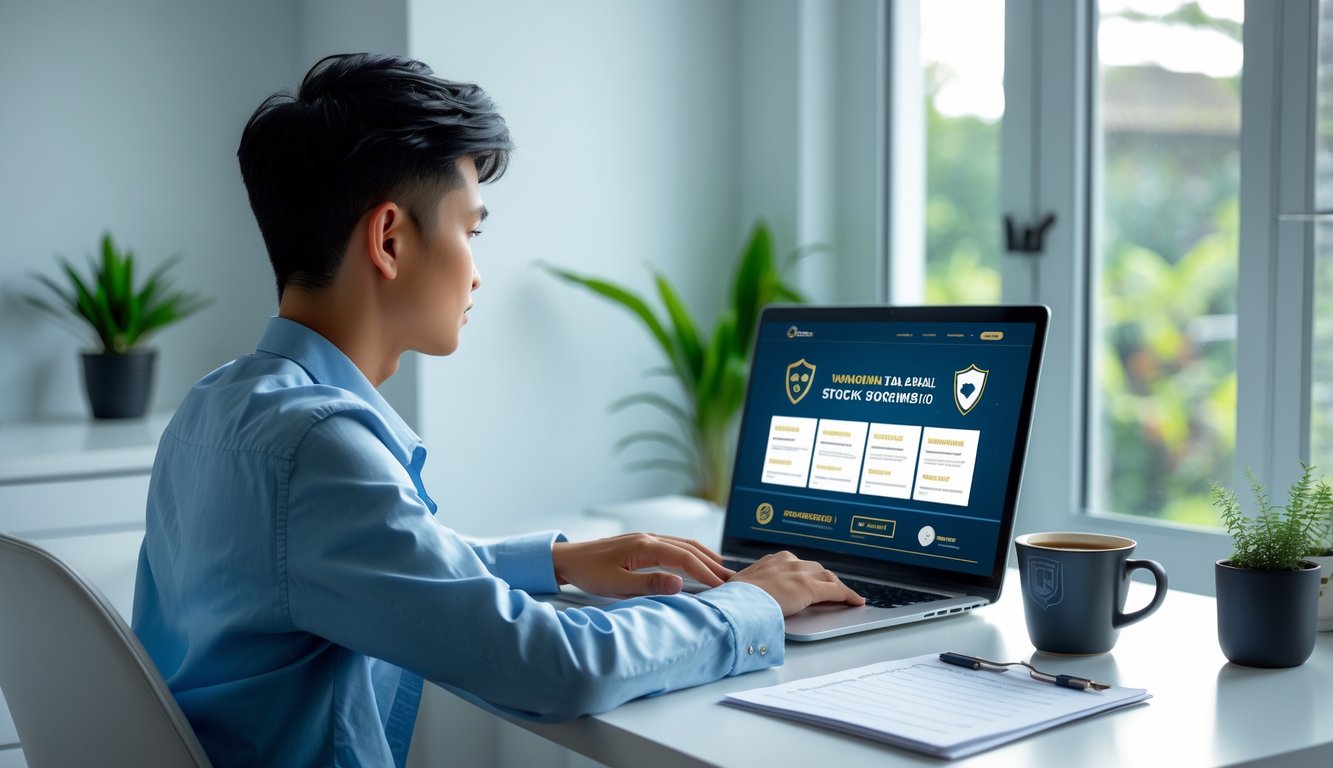 Seorang pemuda Indonesia sedang duduk di meja dengan laptop, fokus memilih situs judi online yang aman di ruang kerja yang terang dan rapi.