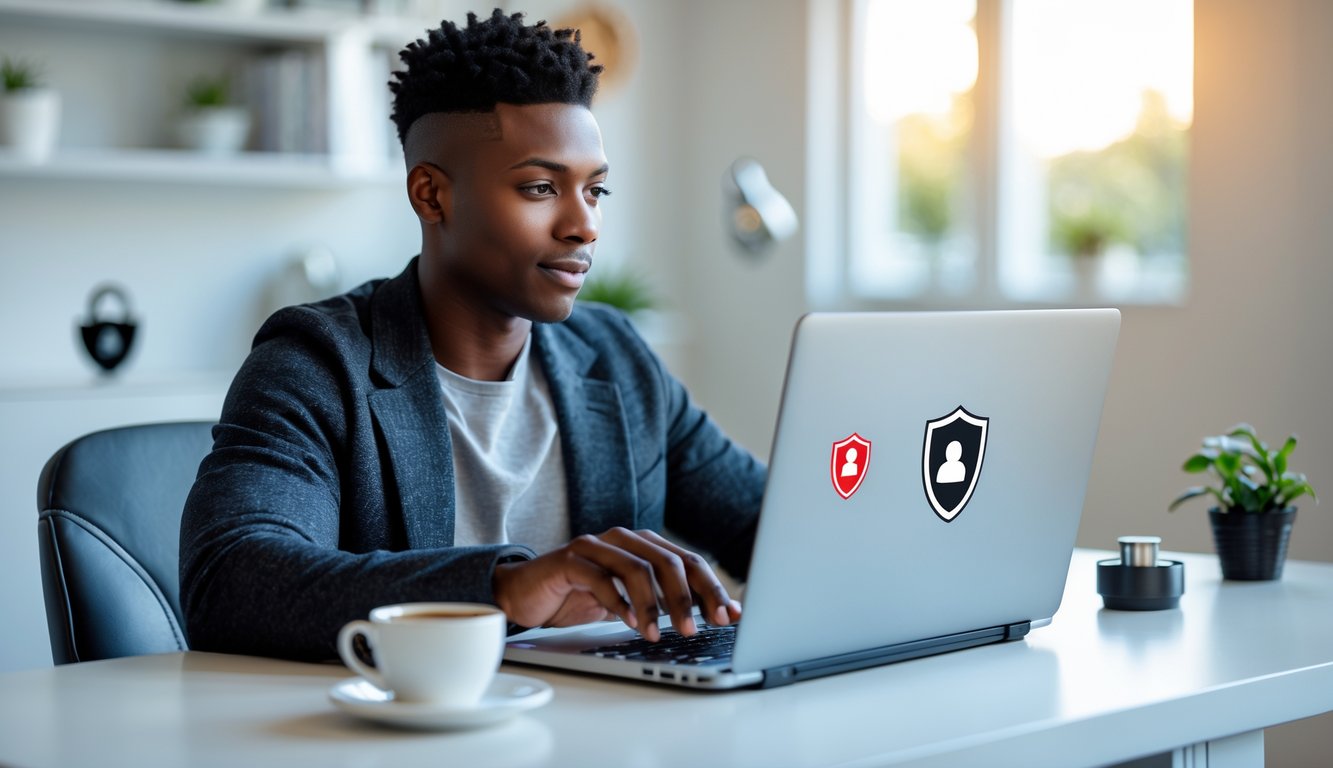 Seseorang duduk di meja kerja menggunakan laptop dengan ekspresi fokus, menunjukkan suasana bermain judi online yang aman dan terpercaya.