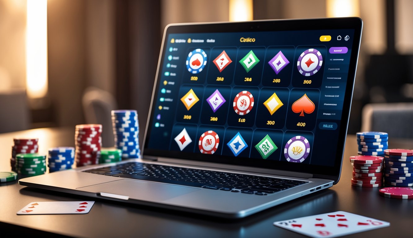 Sebuah laptop dan smartphone menampilkan permainan judi online dengan chip poker dan kartu di sekitar meja.