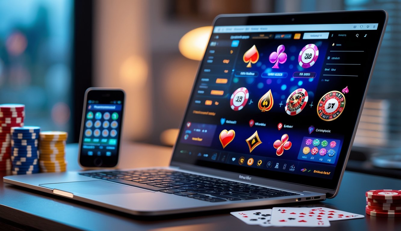 Seseorang menggunakan laptop dengan tampilan permainan judi online, di meja terdapat chip poker dan kartu remi.
