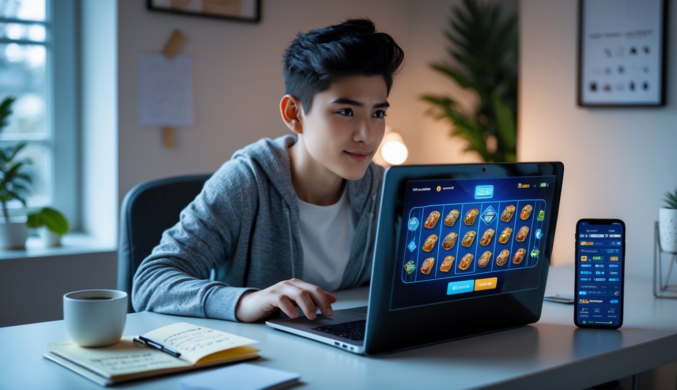 Seorang pemuda duduk di meja dengan laptop, mencermati permainan slot online dengan catatan dan kopi di sampingnya di ruangan yang terang dan nyaman.