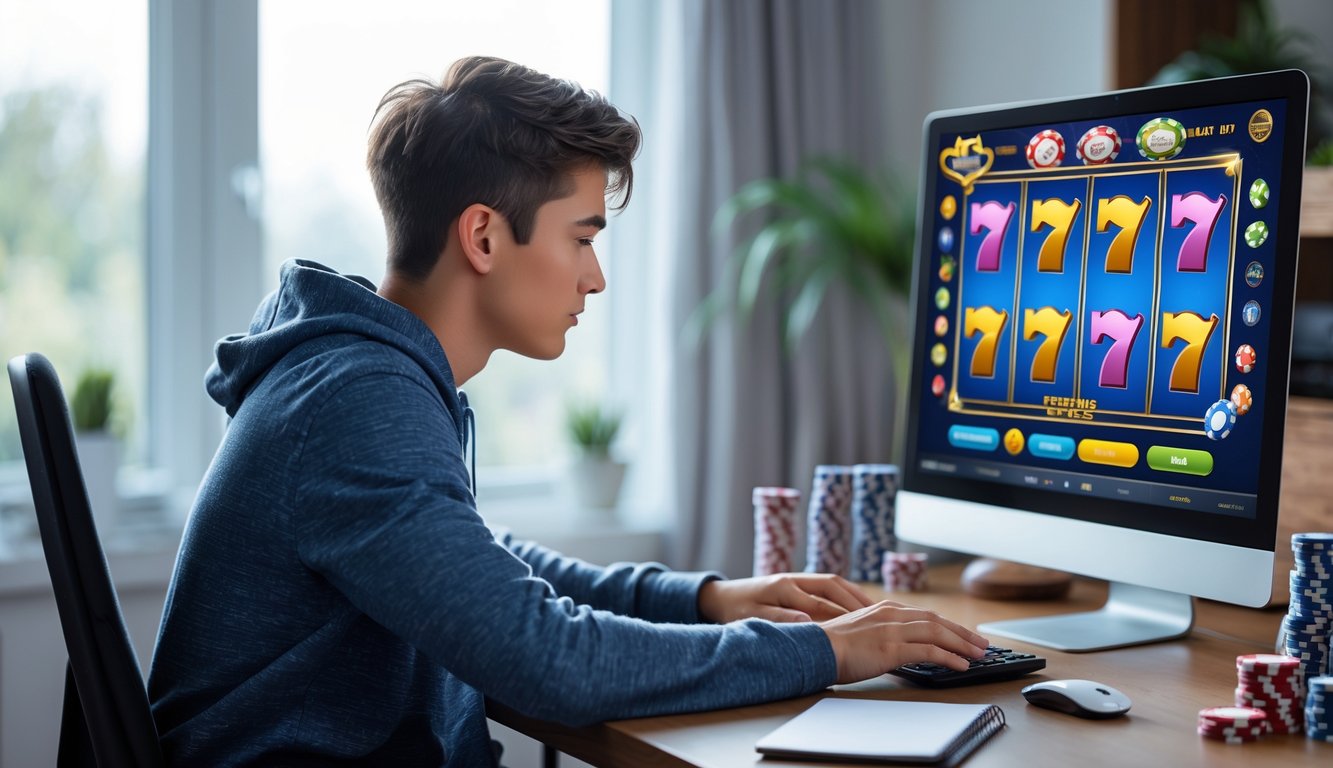 Seorang pria muda sedang fokus bermain permainan slot online di depan komputer di ruang kerja yang rapi.