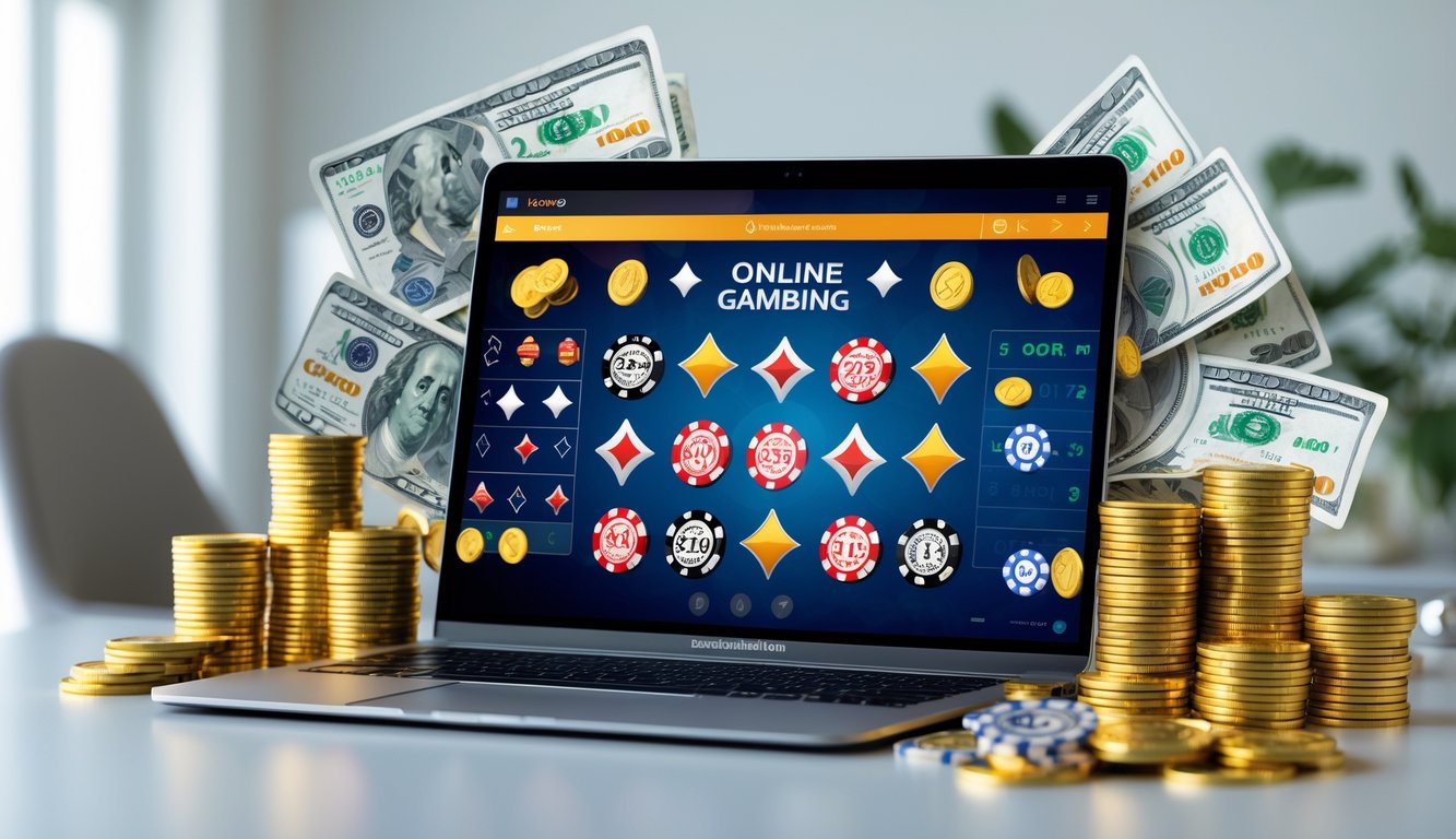 Sebuah meja kerja modern dengan komputer menampilkan antarmuka permainan judi online dan elemen simbol bonus seperti koin emas dan tumpukan chip di sekitarnya.