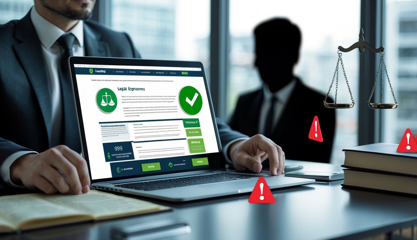 Seorang profesional bisnis di kantor modern dengan laptop yang menampilkan dokumen legal, dengan latar belakang yang menunjukkan aktivitas judi online ilegal secara samar.