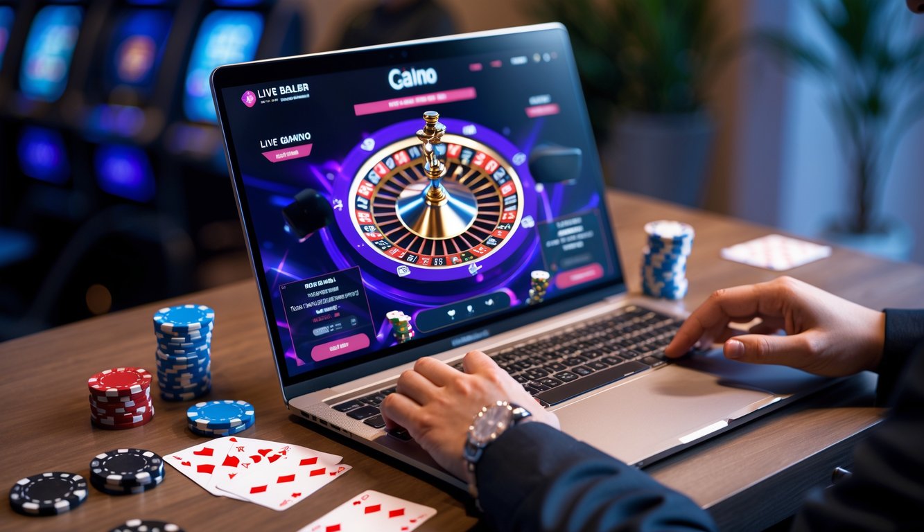 Seseorang bermain judi kasino online langsung dengan laptop dan chip poker di atas meja kayu.