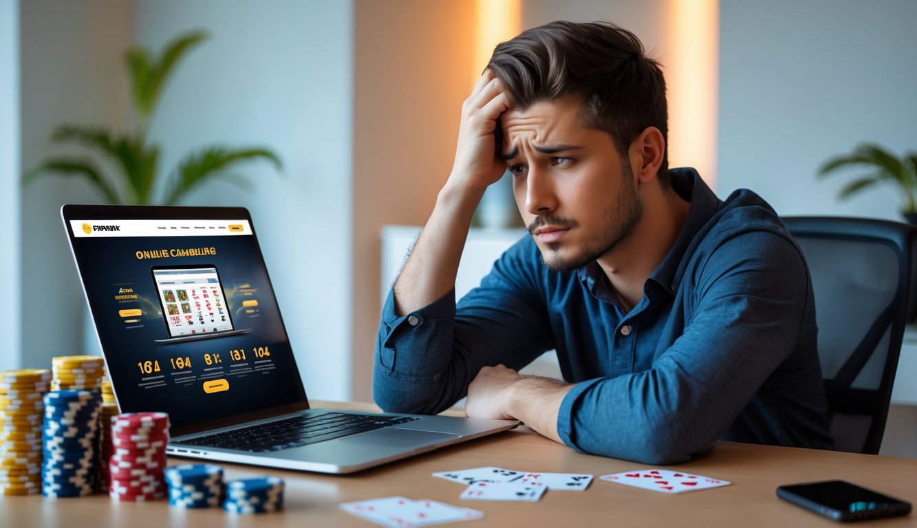 Seorang pria muda duduk di meja dengan laptop terbuka dan tumpukan chip poker, terlihat cemas dan memegang kepala dengan tangan.