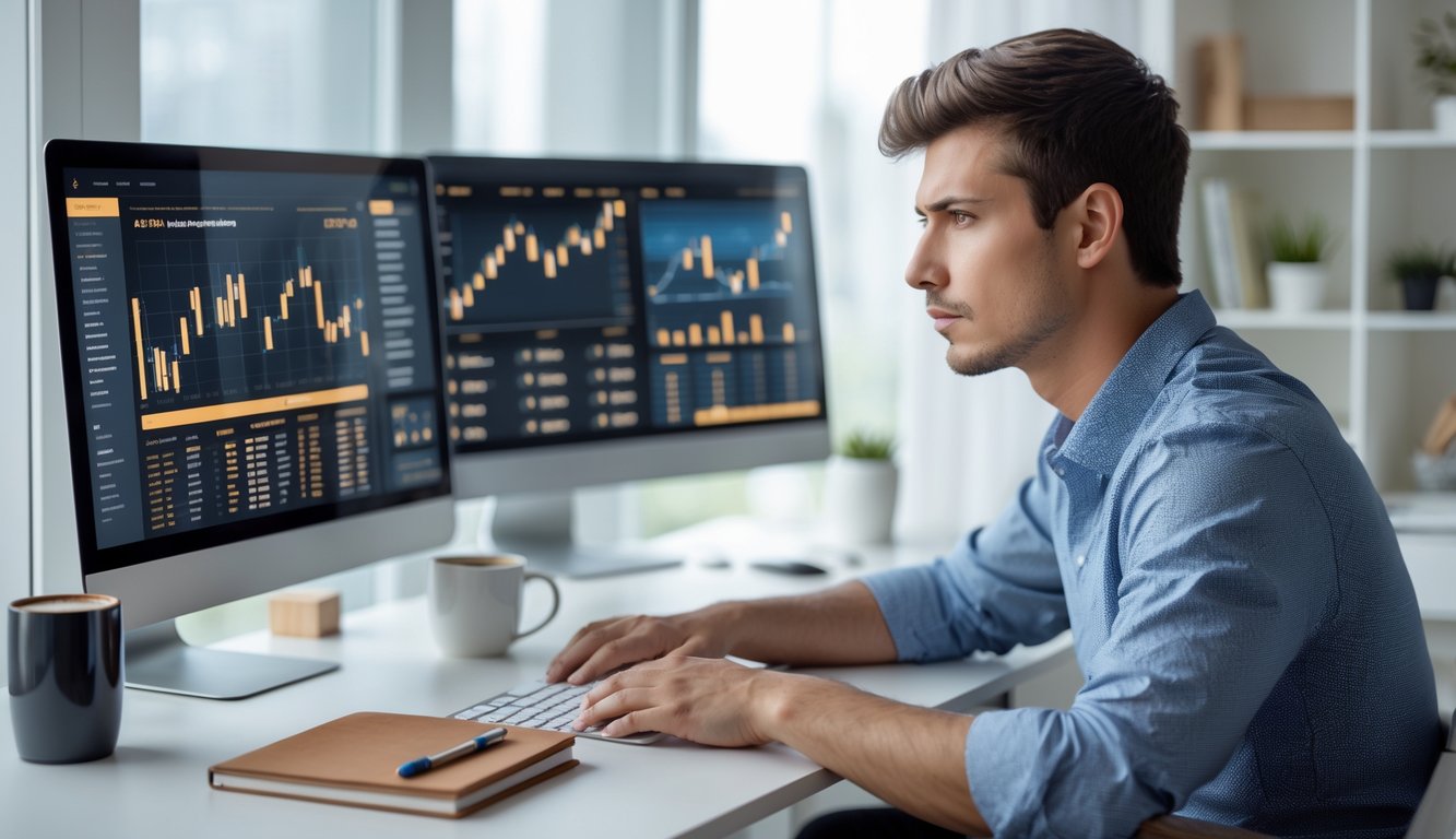 Seorang pria muda duduk di meja dengan beberapa layar komputer menampilkan situs judi online, tampak fokus dan menganalisis data di ruang kerja yang rapi.
