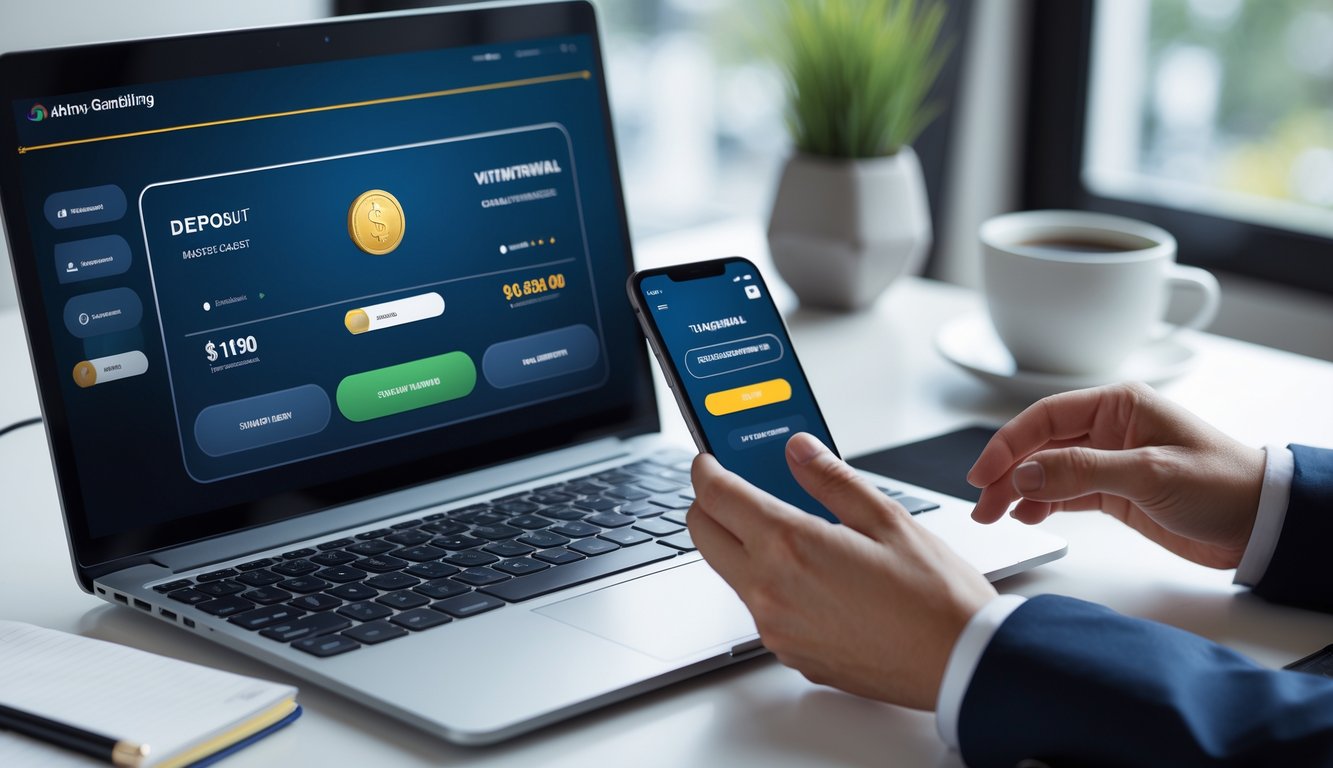 Seseorang sedang menggunakan laptop dan ponsel untuk melakukan transaksi deposit dan withdraw di situs judi online di sebuah meja kerja yang rapi.