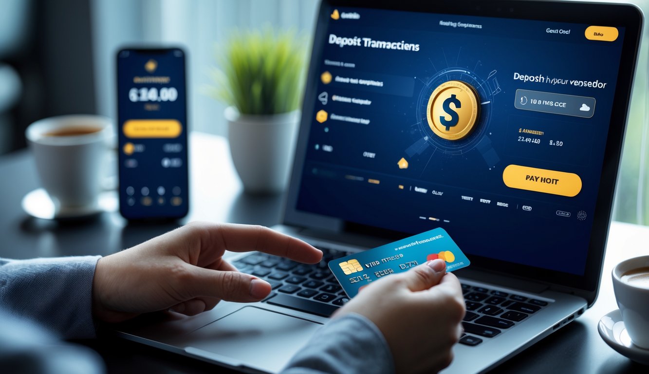 Seseorang sedang melakukan transaksi deposit di laptop dengan kartu kredit di meja kerja.
