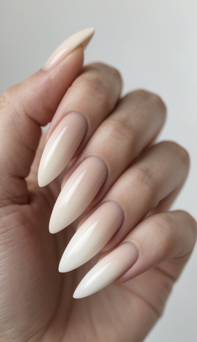 Close-up of one hand with almond-shaped nails painted in a soft ivory ombré fade on a white background.