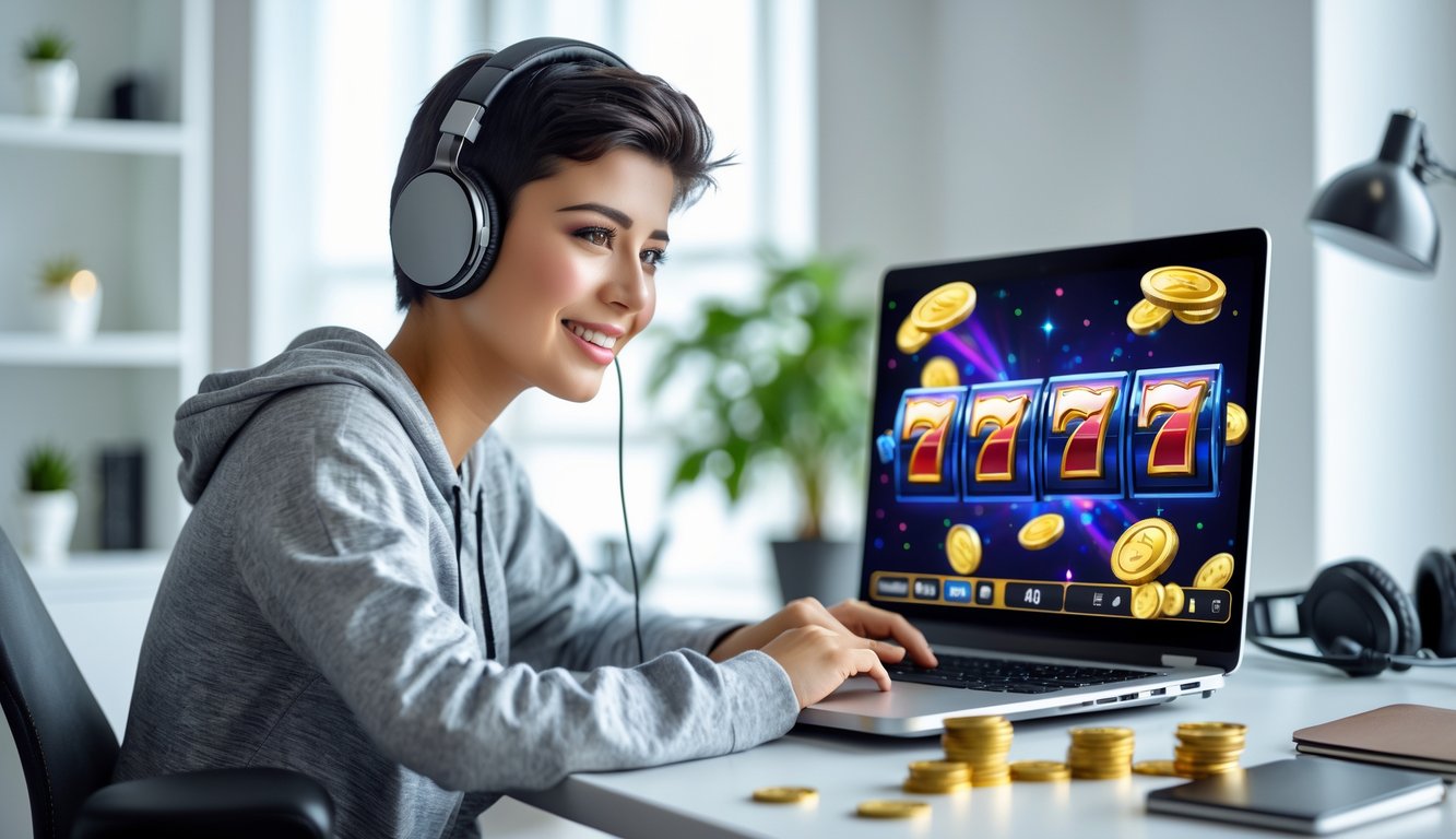 Seorang pemula sedang bermain permainan slot online di laptop dengan suasana ruang kerja yang rapi dan pencahayaan terang.