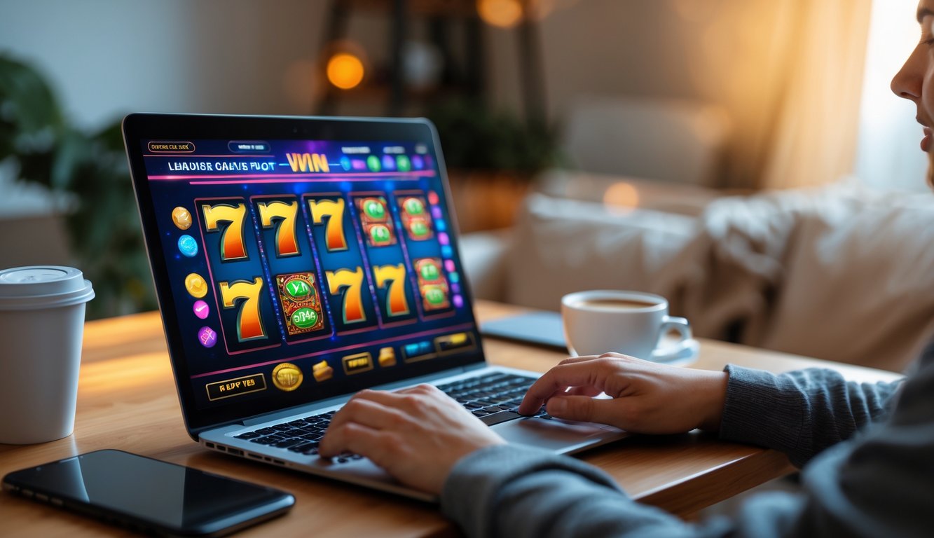 Seorang pemula bermain permainan slot online di laptop di rumah dengan ekspresi fokus dan suasana nyaman.