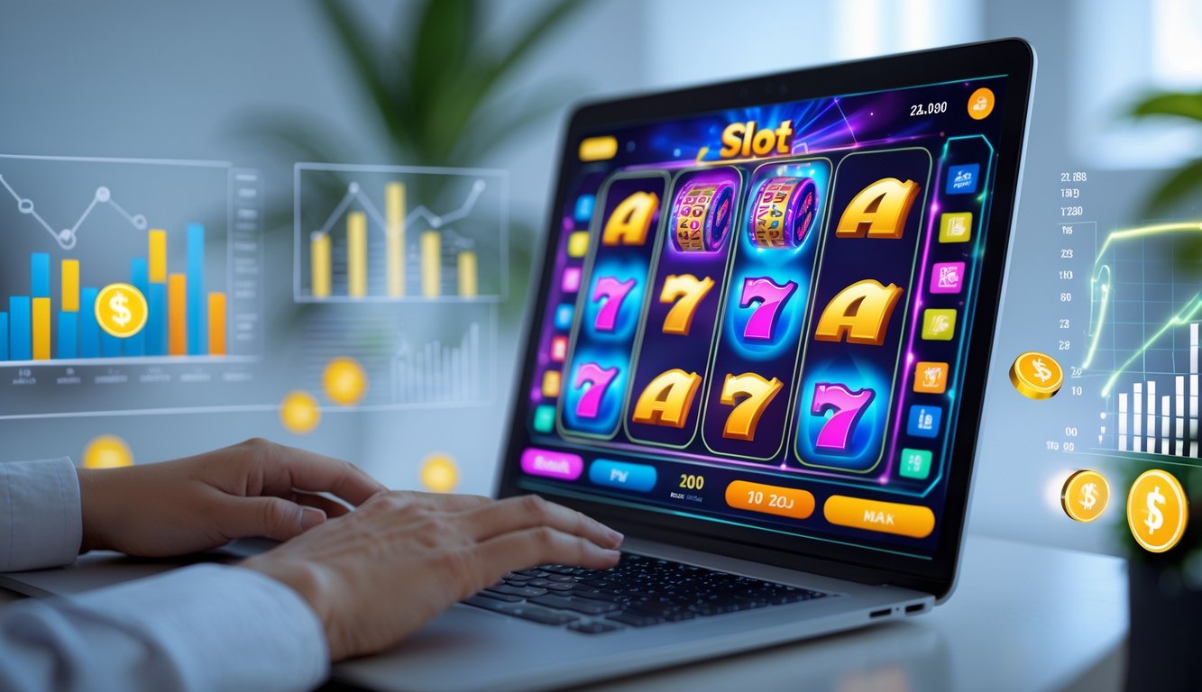 Layar komputer menampilkan grafik mesin slot berwarna cerah dengan latar belakang ruangan kantor modern yang rapi.
