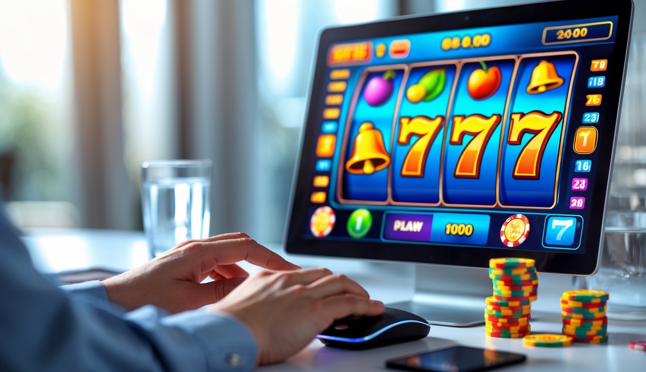 Seorang pengguna sedang bermain permainan slot online di komputer dengan simbol mesin slot yang berwarna-warni di layar.