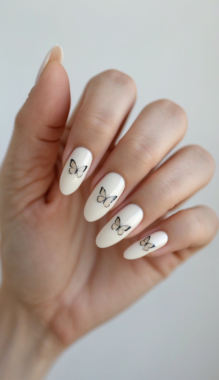 Close-up of one hand with ivory-colored nails and small gemstone decorations on a white background.