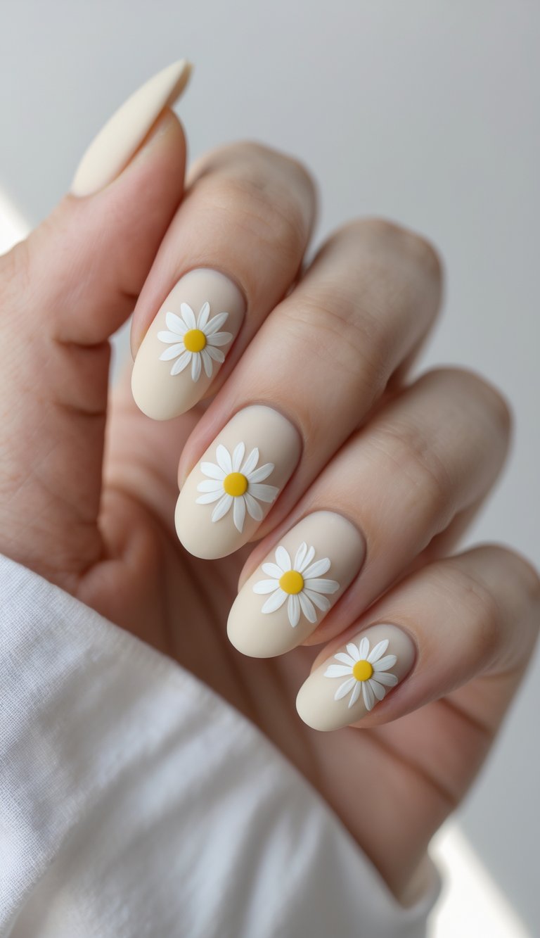 Close-up of one hand with ivory-colored nails decorated with small butterfly designs against a white background.