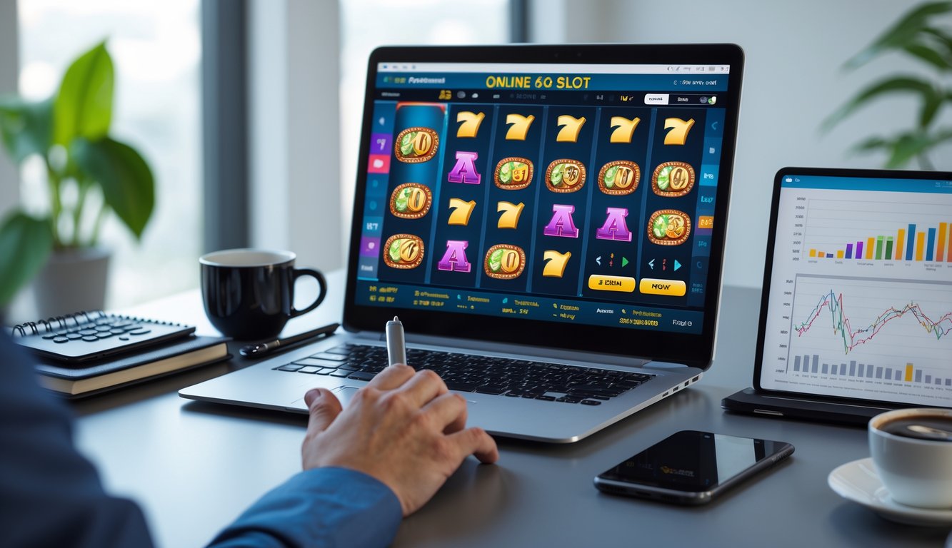 Seorang pria duduk di meja dengan laptop yang menampilkan permainan slot online, tampak fokus dan santai, dengan alat tulis dan perangkat elektronik di sekitarnya.