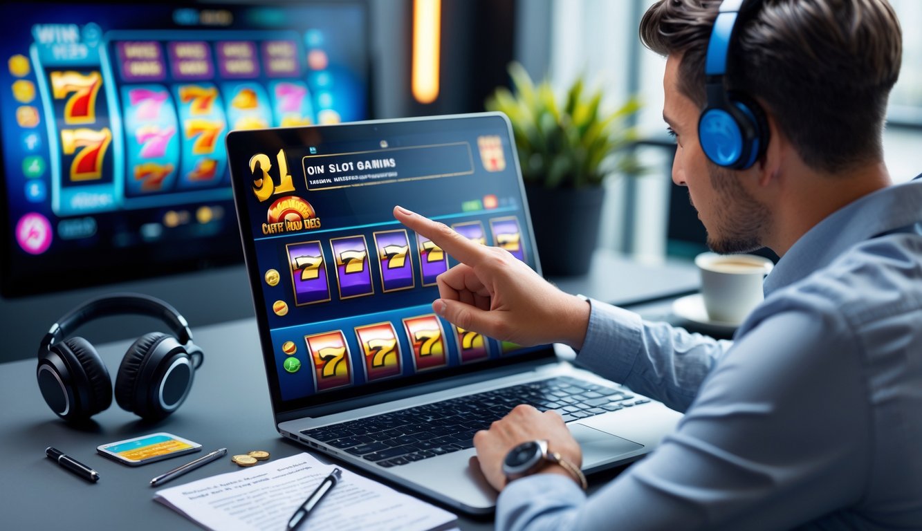 Seorang pria berpakaian kasual rapi sedang menganalisis permainan slot online di laptop di meja kerja dengan catatan dan alat tulis di sekitarnya.