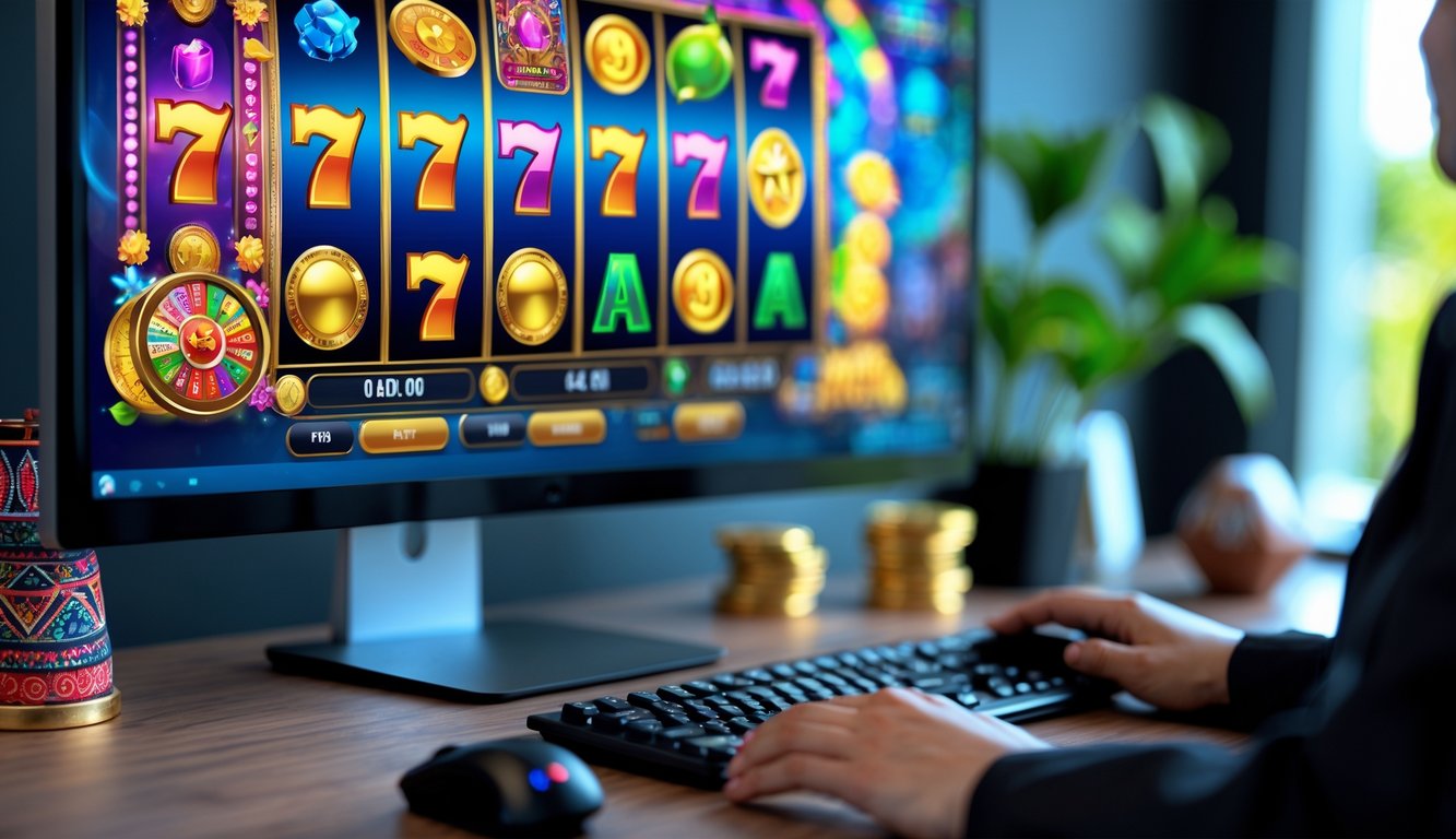 Seseorang bermain game slot online di komputer dengan latar belakang dekorasi yang menunjukkan suasana Indonesia.