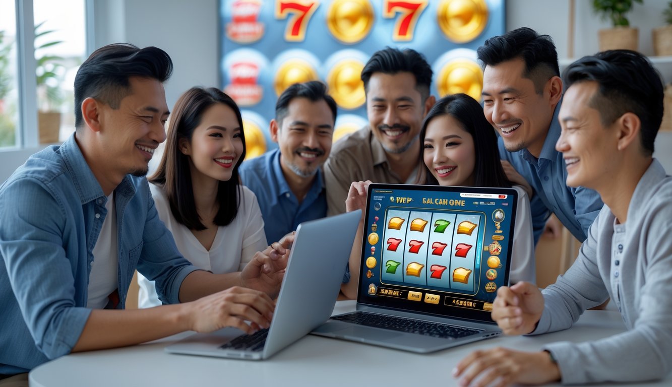 Beberapa orang tersenyum dan bermain permainan slot online bersama di depan laptop dan ponsel di ruangan yang terang.